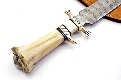 Handsmith 15" Handmade Damascus Steel Hunting Knife, Hand Forged Damascus Steel Fixed Blade Bowie Knife, Genuine Leather Sheath, Camel Bone Handle Firm Grip (White) #TOP4