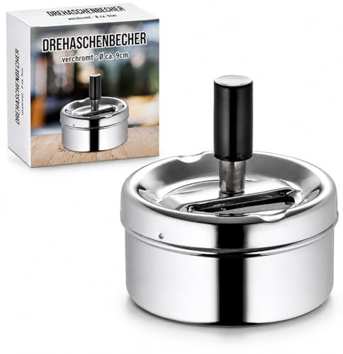 Aschenbecher Drehaschenbecher verchromt Ø ca. 910 cm Windaschenbecher aus Metall mit Drehdeckel Geruchsarmer Tischaschenbecher für Innen & Außen Silber Chrom Aschenbecher Retro Design