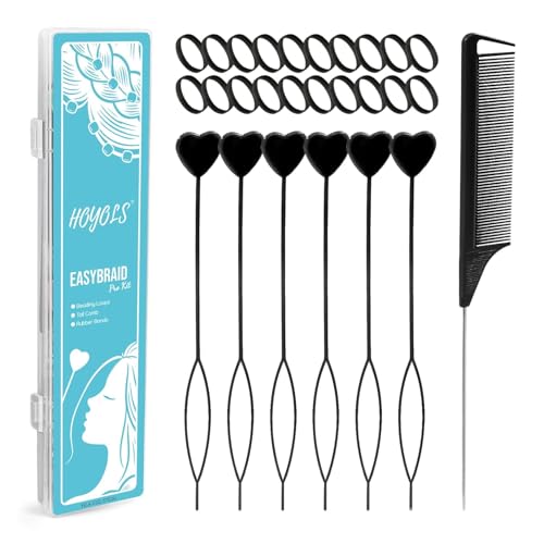 HOYOLS Black Hair Beading Tool Kit, 6 Loop Threaders, Rat Tail Comb & 200 Rubber Bands, Braiding Styling Accessories for Women Girls Kids Teens, Easy Braid Tool Set in Box