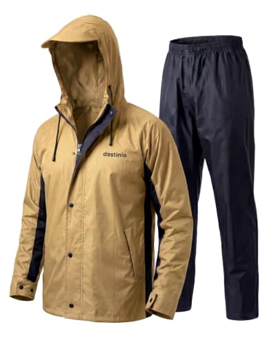 Image of Destinio Rain Coat for Men Waterproof with Hood, Thick Polyester, Leak Proof, Premium Zipper, Raincoat for Bike Riding, Double Layer Rain Suit for Riders, Rainwear Set