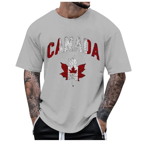 Camiseta de hombre con cuello redondo para trajes casuales de primavera y verano para el Día Nacional con diseño especial estampado desgastado, gris, XL