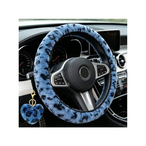 Muamos Blue Leopard Steering Wheel Cover with Fluffy Keychain Fit 14"-15"