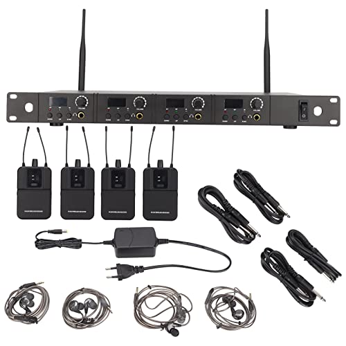 Sistema de monitor sem fio na orelha, verdadeiro sistema estéreo UHF IEM com 4 Bodypacks, 4 canais,