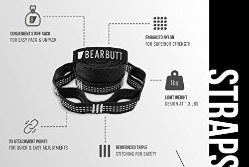 Bear Butt Kodiak Hammock Straps For Trees - 20 Feet Long Hammock Tree Straps - 40 Combined Loops - Holds 1000 Pounds - Camping Hammock Straps - Hammock Tree Straps With Carabiner - Hammock Accessories #TOP1