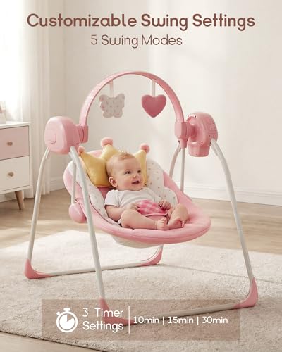 Image of Baby Swing, Portable Baby Swings for Infants, Infant Swings for Newborn, Baby Girl Swing with Music, Timing, Soft Head Support, 0-6 Months 6-20 lbs