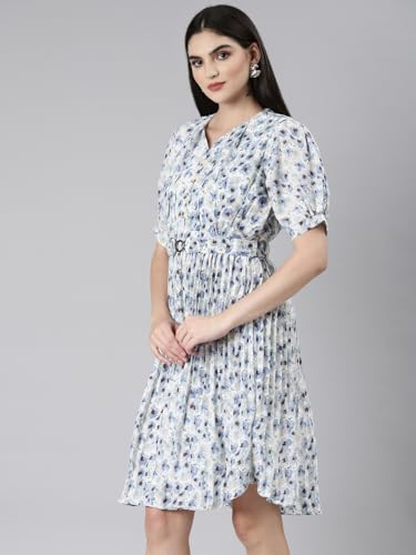 Image of SHOWOFFFF Women Printed Fit and Flare Casual Dress | Sweetheart Neck 3 /4th Sleeves Cotton Dress for Womens | Knee Length Dress for Women's