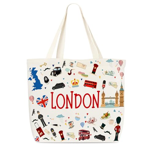 Dr.Baner Bolsa de lona Londres, bolsa de compras de ombro reutilizável com ícone britânico e comida, sacola vintage da cidade, presentes de lembrança de Londres para mulheres, amigas e familiares (02)
