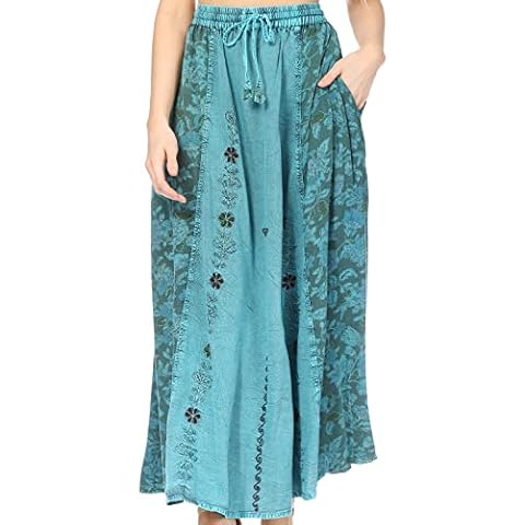 Sakkas 1827 - Maran Women's Boho Embroidery Skirt with Lace Elastic Waist and Pockets - Turquoise - OS Cover