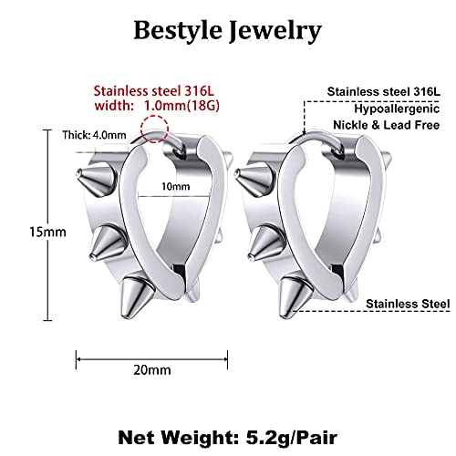Bestyle Stainless Steel Heart-Shape Huggie Hoop Earrings For Men Women, Small Heart Chunky Spike Earrings Cool Cartilage Ear Cuff, Punk Gothic Jewelry #TOP6