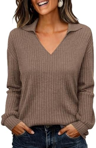 KIRUNDO Long Sleeve Shirts for Women 2025 Fall Fashion Outfits Going Out Tops Collar V Neck Blouses Ribbed Knit Loose Tunic
