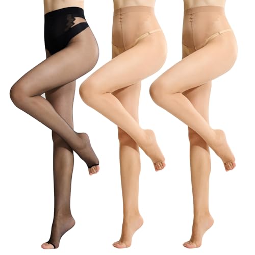 MANZI 3 Pairs Women's Toeless Pantyhose Ultra Thin Sheer Tights 10D Nylons Open Toe Pantyhose Large 1 Pair Black + 2 Pair Natural Nude