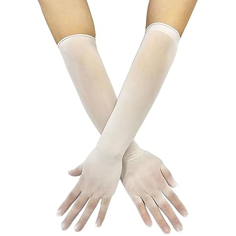KKmeter Women's Seamless Nylon Mesh Ultra-thin Sheer Opera Length Glove Mittens (White) Cover