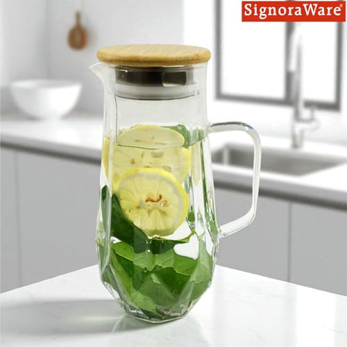 Image of Signoraware BoroPour Borosilicate Glass Jug with Bamboo Lid | Heat Resistant | Elegant Airtight Bamboo Lid for Natural Look | Ideal for Water, Juice, Detox & Infused Beverages (1.3 Ltr | Clear)
