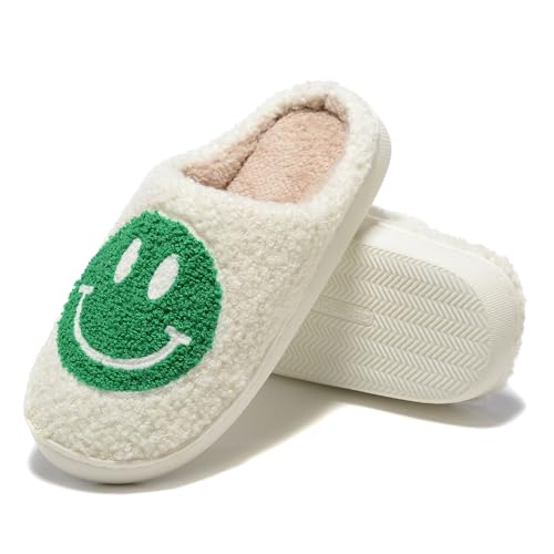 LIONPARK Retro Fuzzy Happy Face Slippers for Women Men Soft Fluffy Warm Non-Slip Happy Face Design Indoor Outdoor Anti-Skid Memory Foam Slides Green