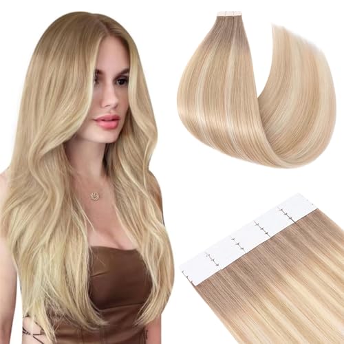 Elailite Tape in Hair Extensions Real Human Hair 20 Pcs Balayage Invisible Thin Type - Skin Weft Remy Hair (#Ombre 6/27P60 Light Brown/Dark Blonde Mix Platinum Blonde, 14 Inch-30g)