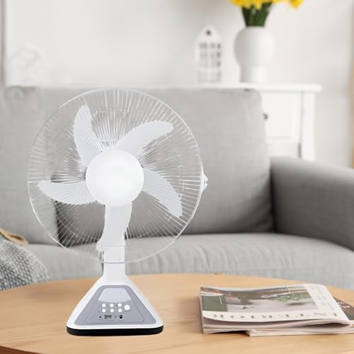 Image of Drumstone 14-Inch Rechargeable Table Fan with Remote Control, Battery Operated Portable Fan with LED Light, 3 Speed Modes, Cordless Emergency Fan for Home, Office, Bedroom