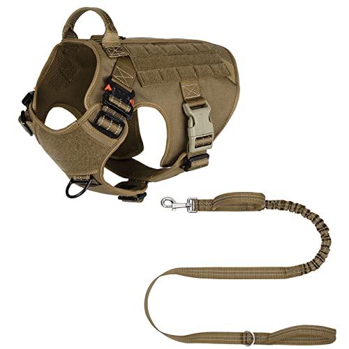 ICEFANG Tactical Large Dog Harness and Leash Set,Large Size (Neck Opening :18"-24"; Chest Girth :28"-35") + 4ft Bungee Dog Leash,Reflective Brown