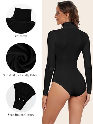 Joyshaper Women Long Sleeve Bodysuit Turtleneck Leotard Tops Body Suit High Neck Jumpsuit T-shirts Black,M