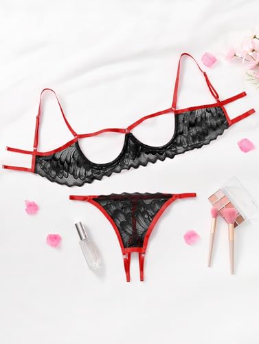 Image of Lilosy Sexy Underwire Floral Lace Sheer Lingerie Set for Women See Through Bra and Panty 2 Piece