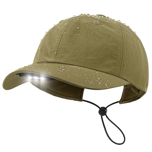 Hands Free Rechargeable LED Baseball Cap with Light Built-in Unisex Sport Waterproof Hat for Men Dad Husband Outdoor Khaki