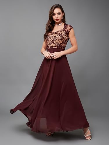 Image of Miss Chase Women's V-Neck Full Sleeve Self Design Lace-Overlaid Georgette Maxi Dress