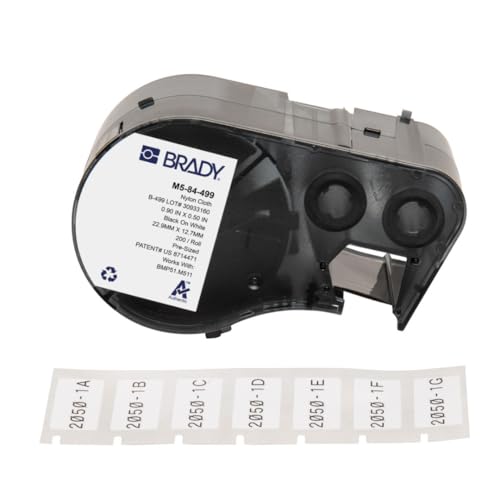 Image of Brady Nylon Cloth Pre-Sized Labels for Label Printer BMP51 /BMP53 /M511-200 Self Adhesive Printer Labels - Waterproof Tape Printer Labels - Black on White (22.86mm x 12.70mm) - M5-84-499