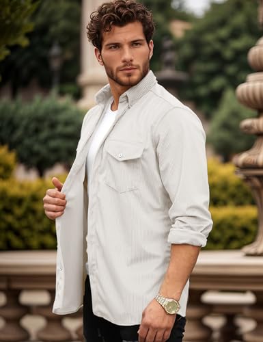 COZYPOIN Men's Corduroy Shirt Jacket Long Sleeve Button Up Casual Work Shacket with Flap Pockets2