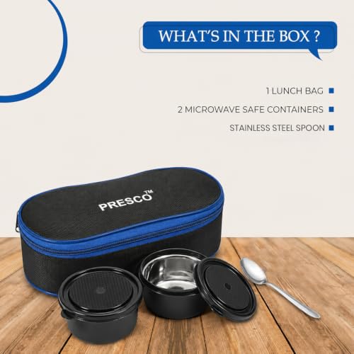Image of PRESCO Insulated Lunch Box Set (2 Microwave Safe Inner Steel Containers, 450ml*2; with Steel Spoon) with Insulated Fabric Bag, Lunch Box for Office Use, Leak Proof, Tiffin Box for Men (Black)