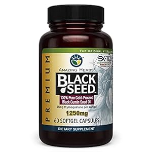 Amazing Herbs Premium Black Seed Oil Capsules – High Potency, Cold Pressed Nigella Sativa Aids in Digestive Health, Immune Support & Brain Function – 60 Count, 1250mg