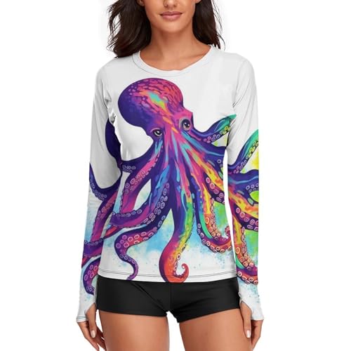 Colorful Octopus Rash Guard for Women Long Sleeve Swimsuits Sun Protection Sun Shirt Swim Shirts Hiking Tops