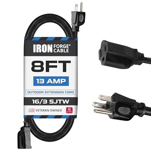 Iron Forge Cable Black Outdoor Extension Cord Waterproof 8 ft - 16/3 SJTW, 13 Amp Heavy Duty 3 Prong...