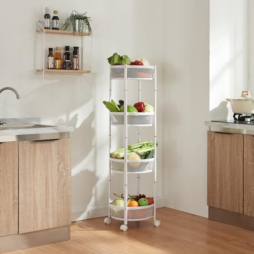 [en.casa] Carrito de Cocina Baño Oficina con 4 Cestas Redondas Plegable Verdulero Carro de Servicio con 4 Ruedas 2 con Freno Paredes Perforadas Acero 123xØ38cm - Blanco