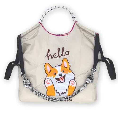 [TETEOLALA] Mサイズ ナイロン素材 刺繍エコバッグ ボールチェーンエコバッグ 折りたたみ コンパクト 軽量 ショッピングバッグ 手持ち、肩掛け、斜めがけ可 洗える 防水防汚 大容量 収納しやすい 持ち運びやすい(ライトグレーのコーギー犬)の商品画像（Amazon）