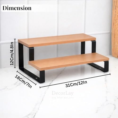 Image of Decorlay 2-Tier Metal & Laminated Board Stairs Spice Rack Cosmetic Organizer Stand, Kitchen Countertop for Pantry Cupboard, Countertop (Beech+Black)
