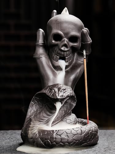 HaisWonsa Skull Snake Incense Burner Holder - Backflow Waterfall Cone Incense Holder, Ceramic Unique Skeleton Incense Burner with Cones & Sticks for Halloween/Aromatherapy/Yoga/Home/Room/Office Deco