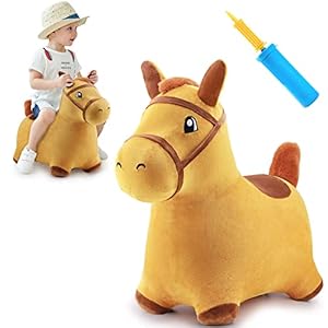 iPlay, iLearn Bouncy Pals Yellow Hopping Horse, Outdoor Ride on Bouncy Animal Play Toys, Inflatable Hopper Plush Covered W/ Pump, Birthday Gift for 18 Months 2 3 4 5 Year Old Kids Toddlers Boys Girls