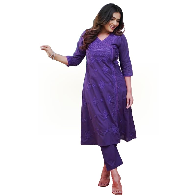 jikra jaipur Women’s Purple Cotton Angrakha Kurta Pant Set – Chikankari Embroidery – Elegant Ethnic Wear – Soft Breathable Fabric – Traditional Festive Outfit – Sizes M to XXL – Handmade Design-picture-40