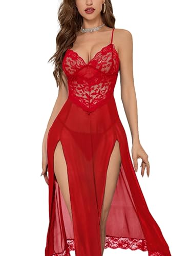 Image of Foxiny Sexy Split Mesh Lace Floral Sheer Babydoll Lingerie Outfit Dress 2 Piece with Thong Set