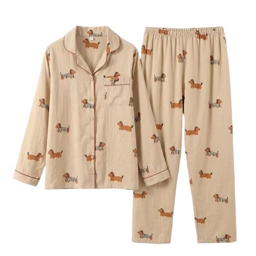 iyoimono Womens 100% Cotton Pajama Set Fresh Simple Pajamas Long Sleeve Button Down Shirt & Pants Sleepwear for Women(Brown Dachshund M)