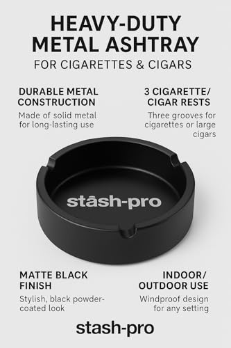 Image of Stash-Pro Heavy-Duty Metal Ashtray for Cigarettes & Cigars - Matte Black Finish with 3 Rests | Durable, Windproof Design for Indoor & Outdoor Use