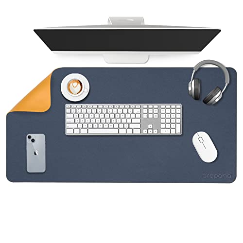 Image of Aropana Vegan Leather Desk Mat | Large Reversible Mouse Pad & Computer Table Protector | Dual-Side Waterproof Extended Laptop Pad with Edge-Stitched Design (80x40 cm, Navy Blue and Yellow)