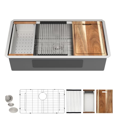 Image of 36 Undermount Kitchen Sink - Fulorni 36 inchx19 inch Kitchen Sink Ledge Workstation Under Counter 16 Gauge 304 Stainless Steel Large Single Bowl Basin