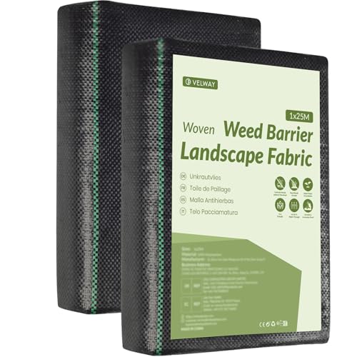 Velway Toile de Paillage 1x25M - Geotextile de Paillage Contre Les Mauvais Herbes en 100g/m² Fibres de Polypropylène Tissées Perméable à l'eau, Résiste Rayons UV, Anti Repousse - 2 Pièces 1x12,5M