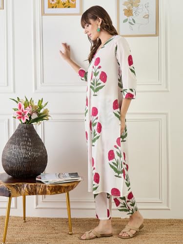 Image of INDO ERA Women's White Pure Cotton Printed Straight Kurta & Pant Set (KS0WH6702)