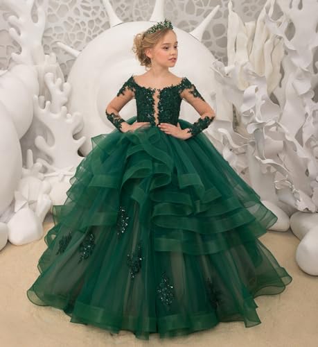 Long Sleeve Flower Girl Dresses Girls Lace Applique Princess Ruffles Pageant Dress Tulle Long Party Ball Gown2