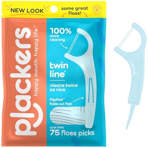 Plackers Twin-Line Dental Flossers, Cool Mint Flavor, Dual Action Flossing System, Easy Storage, Super Tuffloss, 2X The Clean, 75 Count Cover