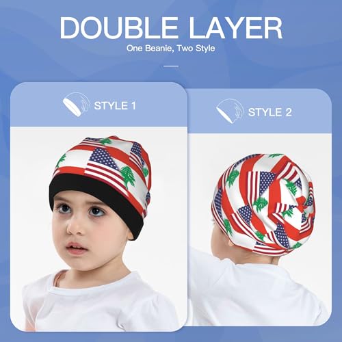 American Flag and Lebanese Flag Kids Leisure Elastic Knitted Hat Junior Large Size Knit Cap Child Beanie Black3