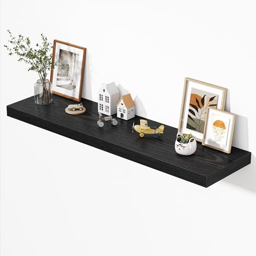 Image of Dreamland 55 inch Floating Shelves for Wall, 12 inch Deep Thicker Black Floating Shelves, Wall-Mounted Shelves for Bedroom, Living Room, Kitchen, Bathroom - Set of 1
