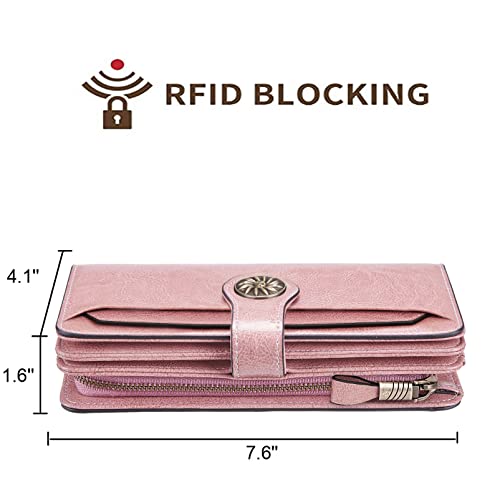 Travelambo Womens Wallet Large Capacity Rfid Blocking Genuine Leather Wristlet Wallets(Pink) #TOP2