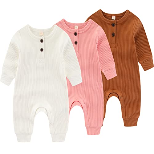 Image of IADOER Newborn Baby Boys Girls One Piece Romper With Mitten Cuffs 3 Pack Long Sleeve Ribbed Button Jumpsuit Outfit Clothes